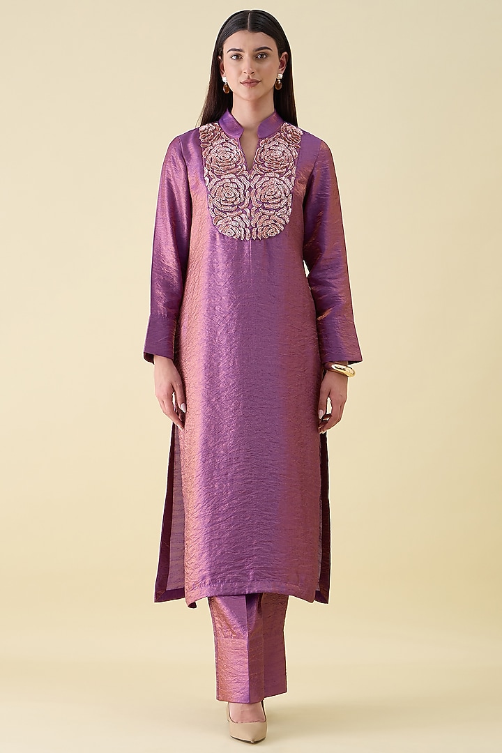 Purple Dual Silk Embellished Tunic Set by Aakaar at Pernia's Pop Up Shop