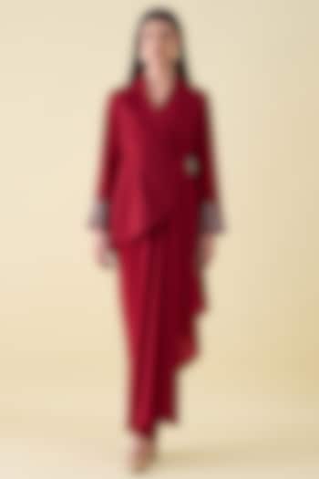 Red Moss Crepe Metallic Embellished Draped Blazer Set by Aakaar at Pernia's Pop Up Shop