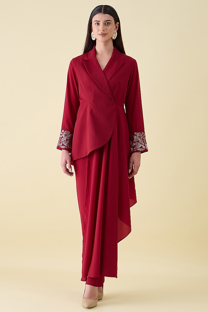 Red Moss Crepe Metallic Embellished Draped Blazer Set by Aakaar at Pernia's Pop Up Shop