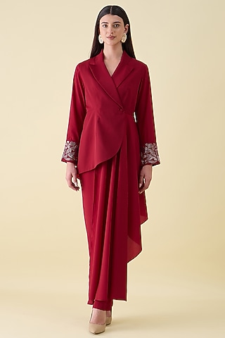 Red Moss Crepe Metallic Embellished Draped Blazer Set by Aakaar