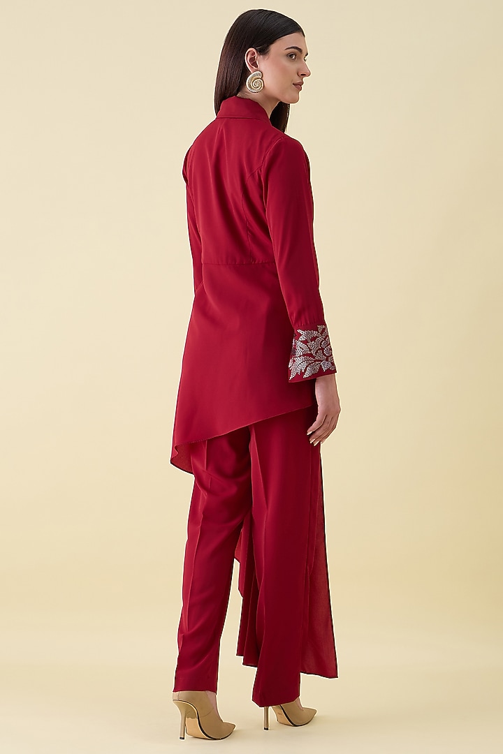 Red Moss Crepe Metallic Embellished Draped Blazer Set by Aakaar at Pernia's Pop Up Shop