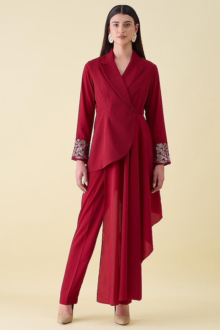 Red Moss Crepe Metallic Embellished Draped Blazer Set by Aakaar at Pernia's Pop Up Shop