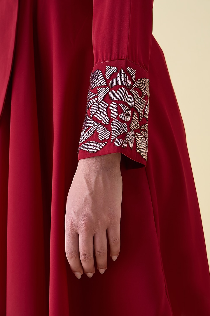 Red Moss Crepe Metallic Embellished Draped Blazer Set by Aakaar at Pernia's Pop Up Shop