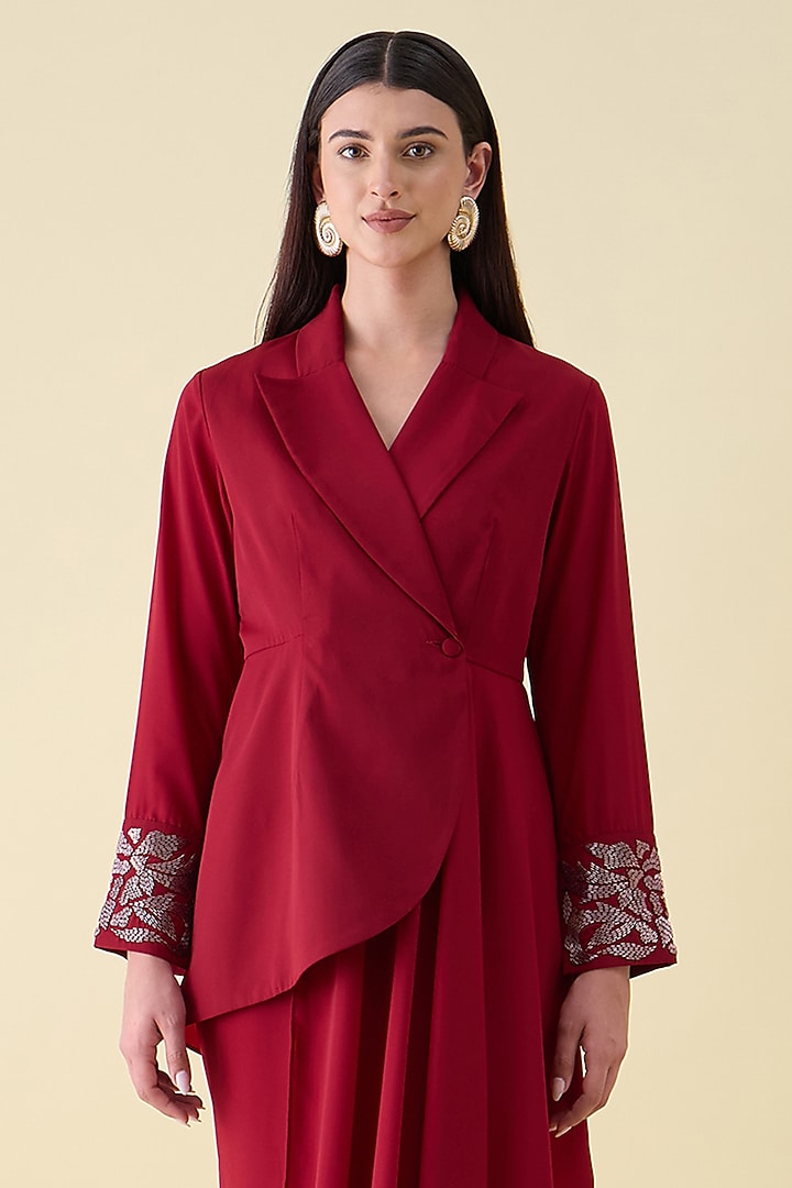 Red Moss Crepe Metallic Embellished Draped Blazer Set by Aakaar at Pernia's Pop Up Shop
