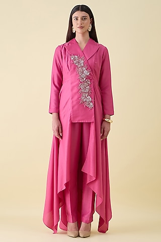 Pink Cotton Silk Floral Embroidered Tunic Set by Aakaar