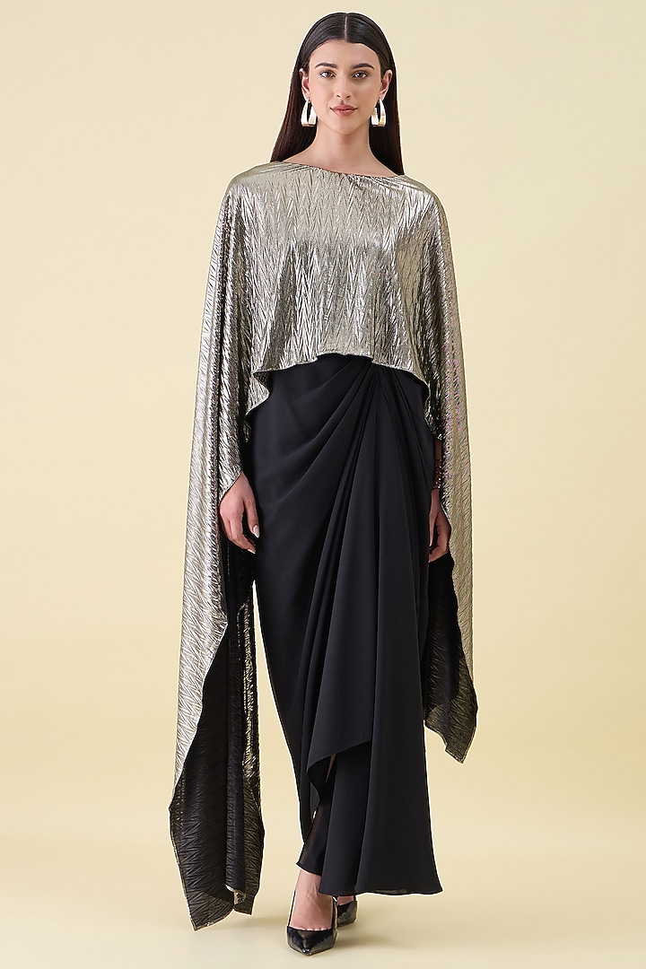 Black & Gold Cotton Silk Draped Maxi Summer Dress by Aakaar at Pernia's Pop Up Shop