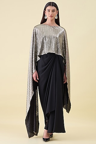 Black & Gold Cotton Silk Draped Maxi Dress by Aakaar