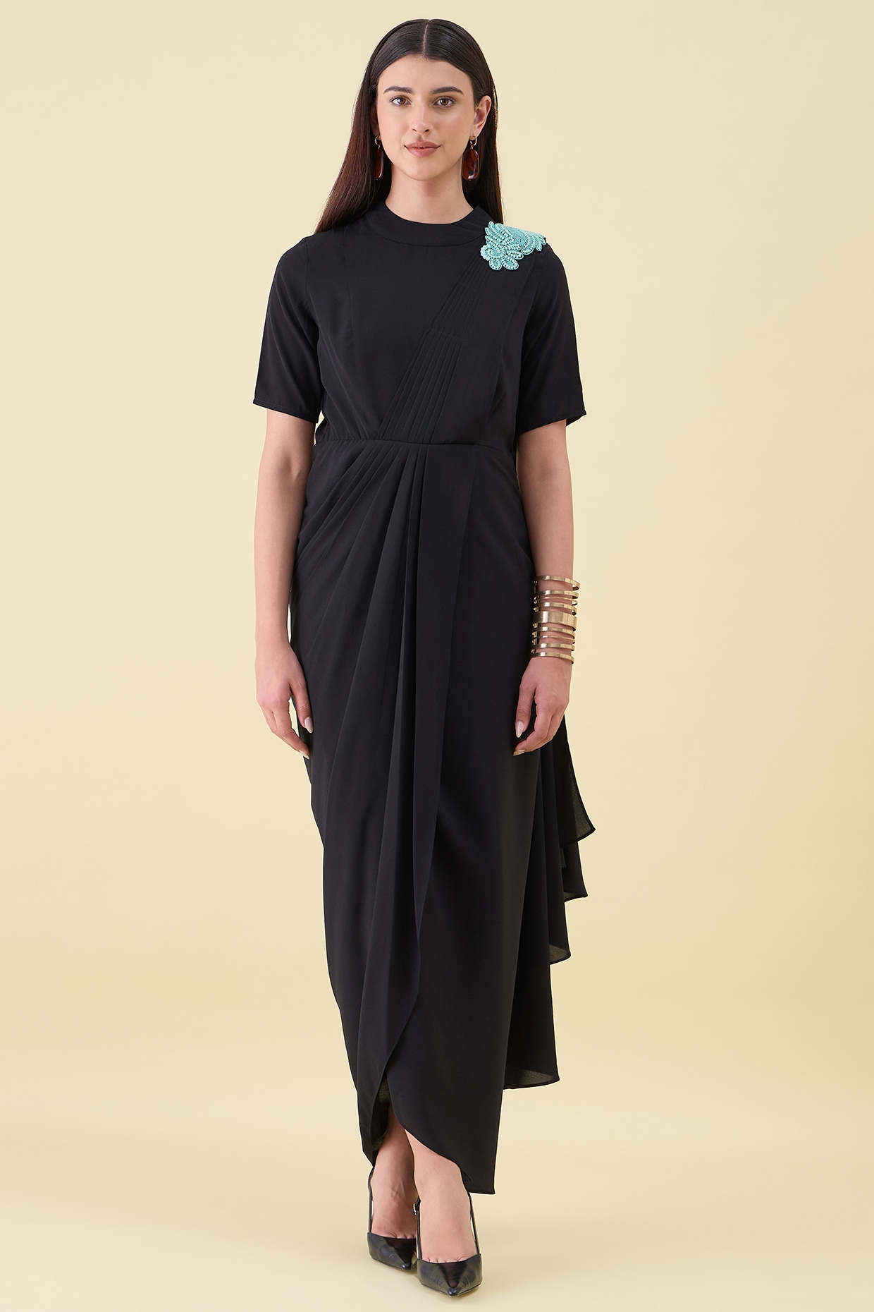 Aakaar Black Moss Crepe Embellished Pre-Draped Saree Dress