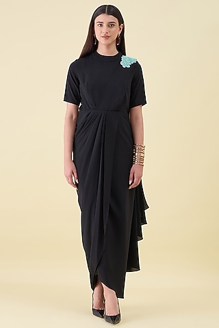 Black Moss Crepe Embellished Pre-Draped Saree Dress by Aakaar