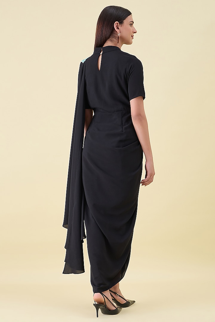 Black Moss Crepe Embellished Pre-Draped Festive Saree Dress by Aakaar at Pernia's Pop Up Shop