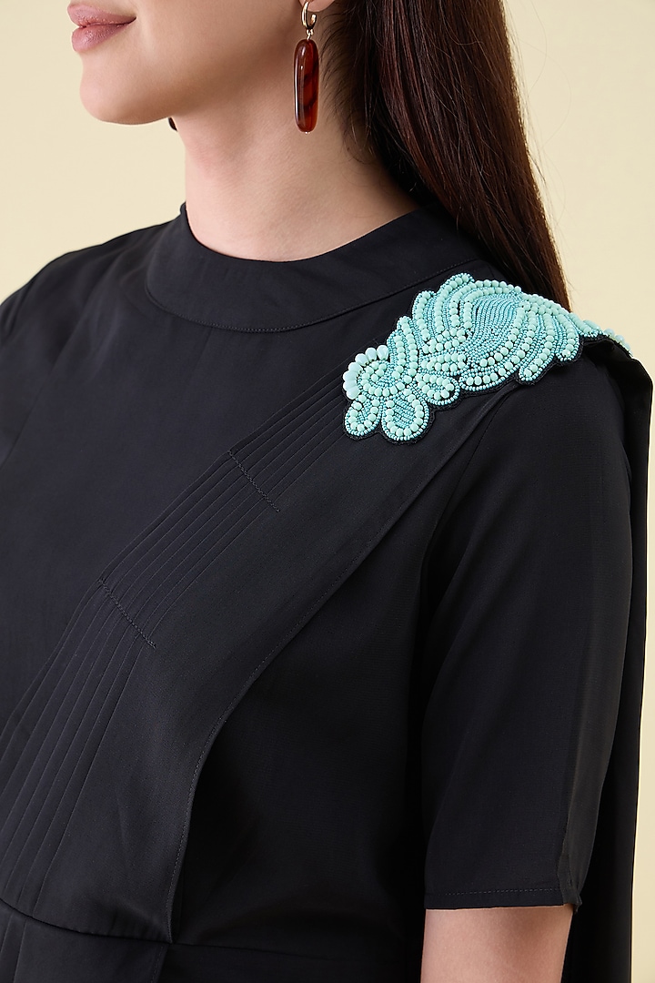 Black Moss Crepe Embellished Pre-Draped Festive Saree Dress by Aakaar at Pernia's Pop Up Shop