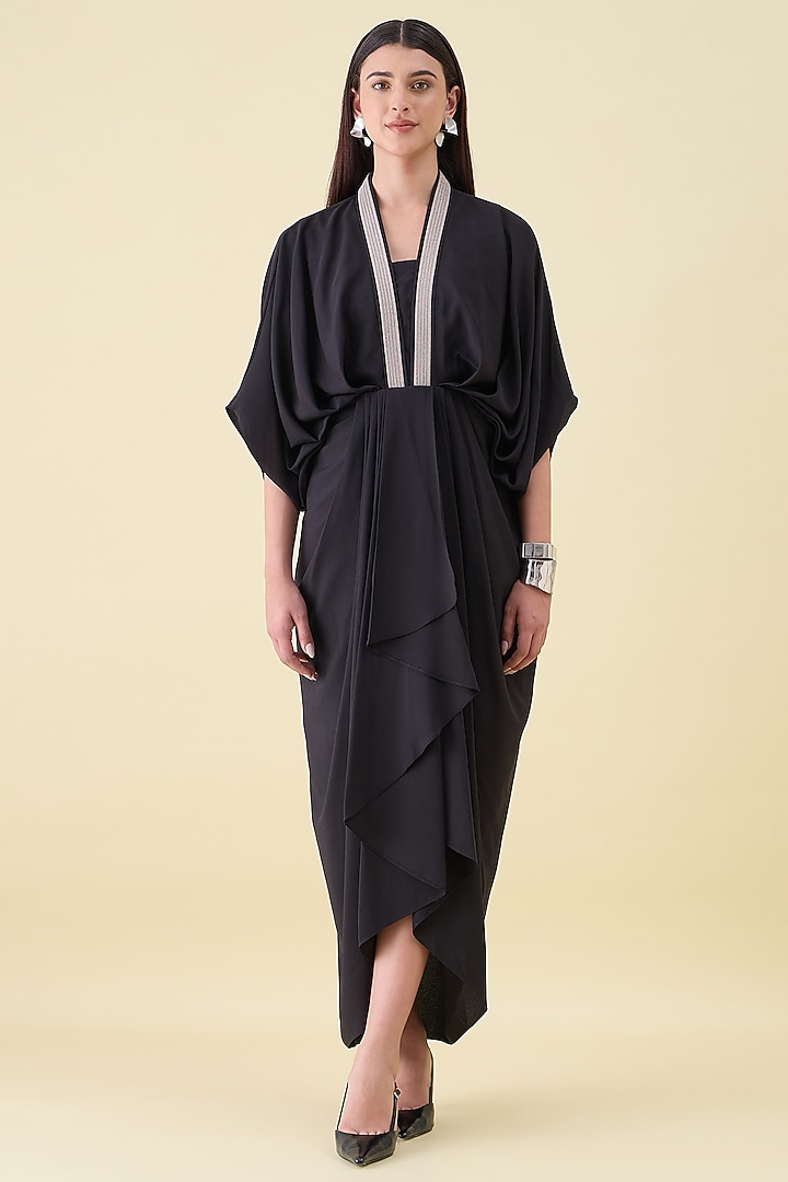 Black Moss Crepe Embellished Draped Summer Dress by Aakaar at Pernia's Pop Up Shop