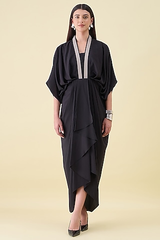 Black Moss Crepe Embellished Draped Dress by Aakaar