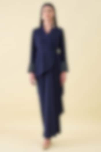 Navy Moss Crepe Embellished Blazer Set by Aakaar at Pernia's Pop Up Shop