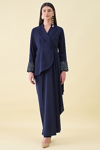 Navy Moss Crepe Embellished Blazer Set by Aakaar