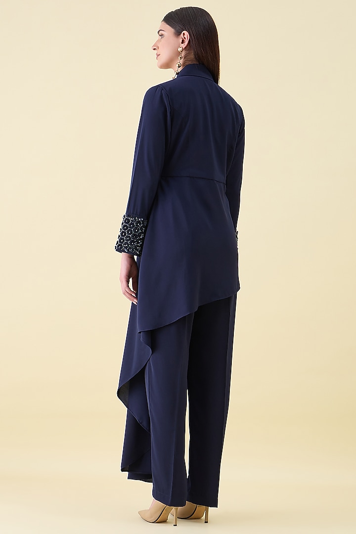 Navy Moss Crepe Embellished Blazer Set by Aakaar at Pernia's Pop Up Shop