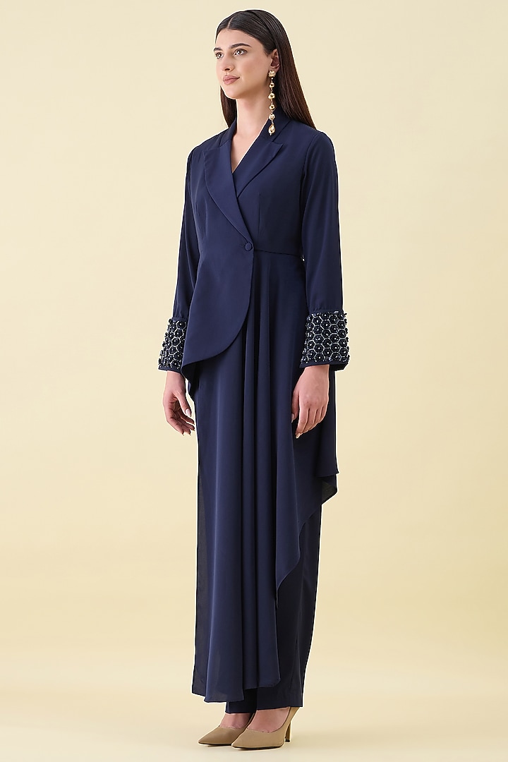 Navy Moss Crepe Embellished Blazer Set by Aakaar at Pernia's Pop Up Shop