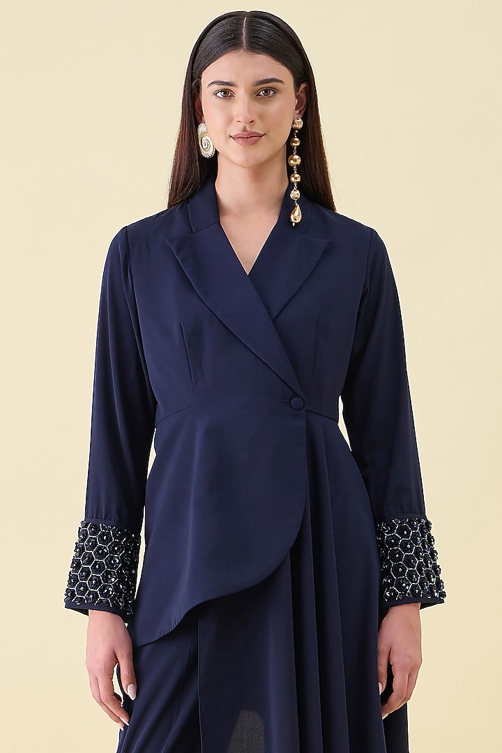 Navy Moss Crepe Embellished Blazer Set by Aakaar at Pernia's Pop Up Shop