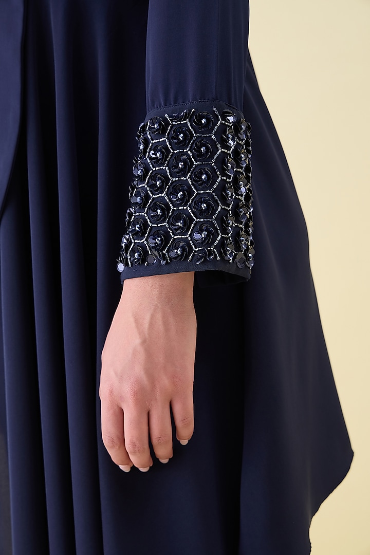 Navy Moss Crepe Embellished Blazer Set by Aakaar at Pernia's Pop Up Shop
