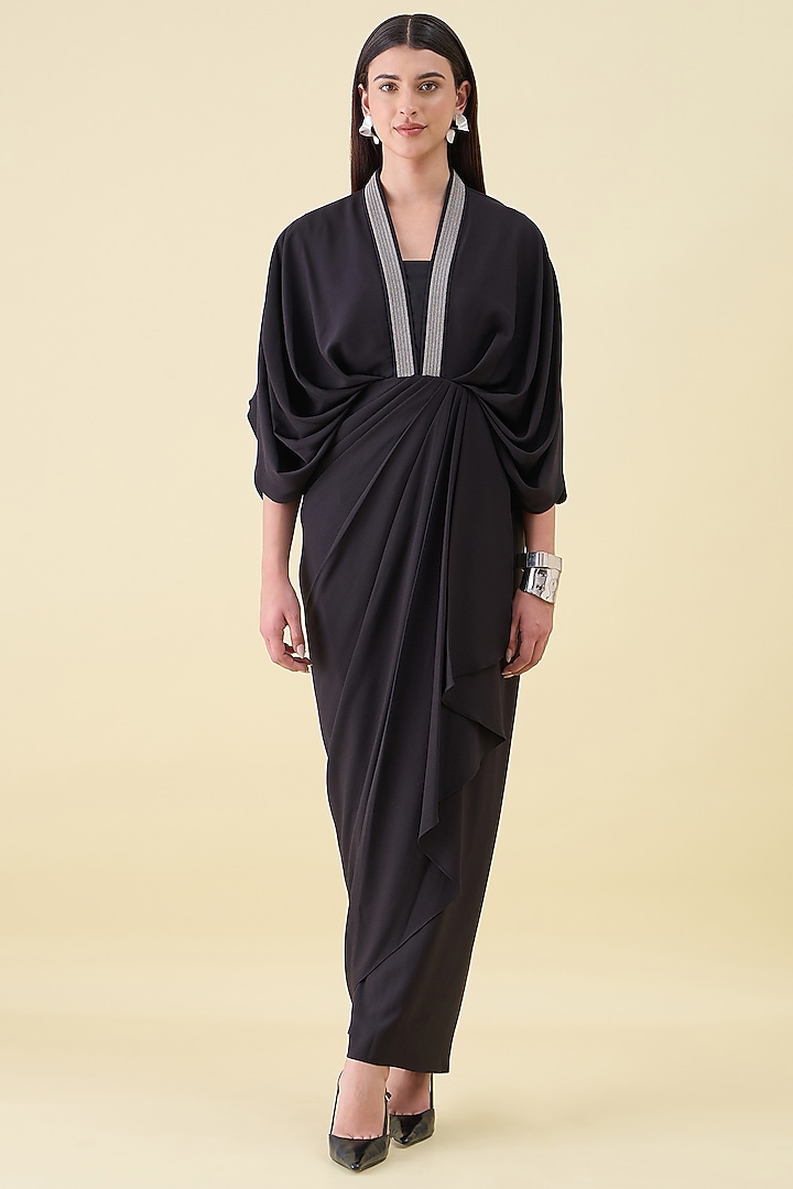 Black Moss Crepe Draped Summer Dress by Aakaar at Pernia's Pop Up Shop