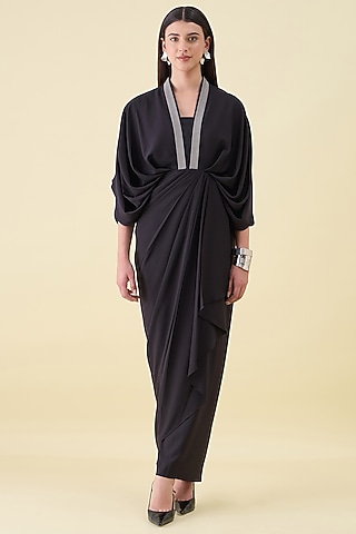 Black Moss Crepe Draped Dress by Aakaar