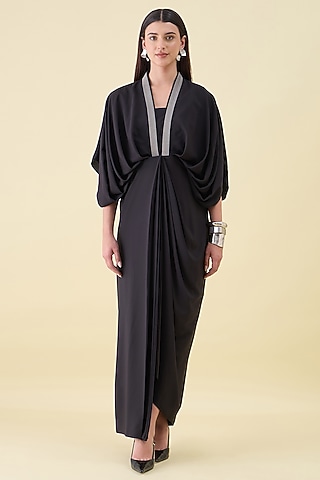 Black Moss Crepe Draped Dress by Aakaar