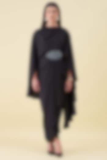 Black Moss Crepe Draped Summer Dress With Cape by Aakaar at Pernia's Pop Up Shop