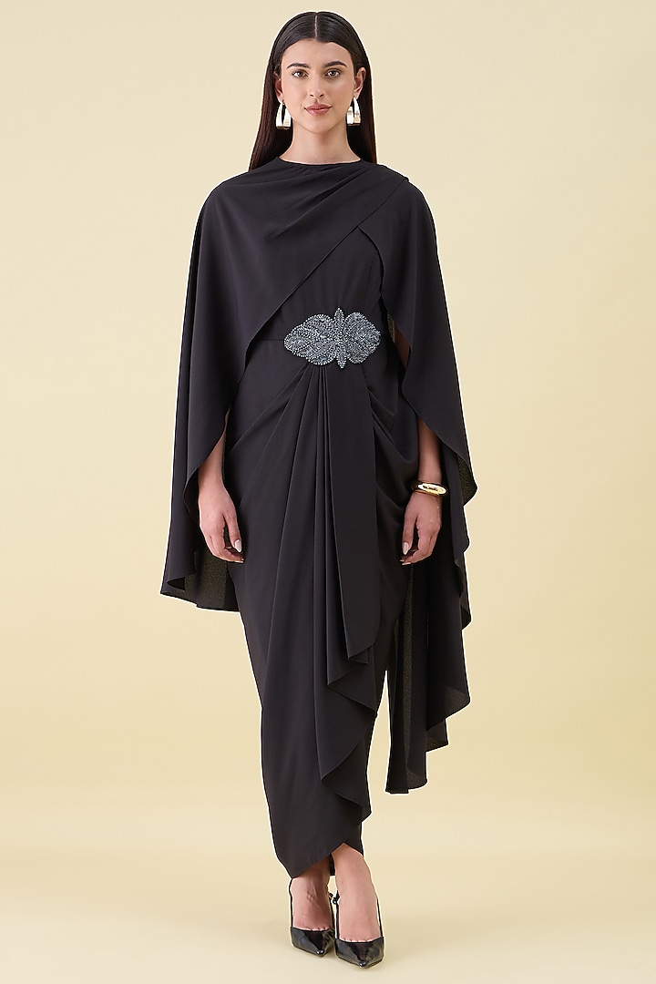 Black Moss Crepe Draped Summer Dress With Cape by Aakaar at Pernia's Pop Up Shop