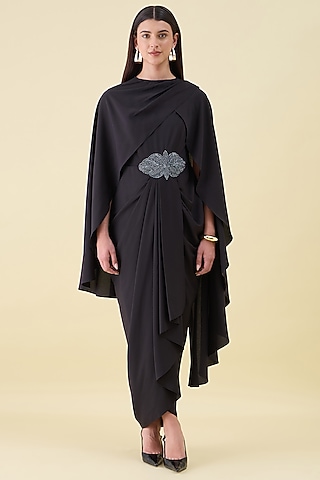 Black Moss Crepe Draped Dress With Cape by Aakaar