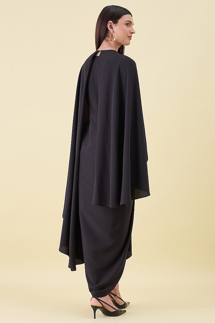 Black Moss Crepe Draped Summer Dress With Cape by Aakaar at Pernia's Pop Up Shop