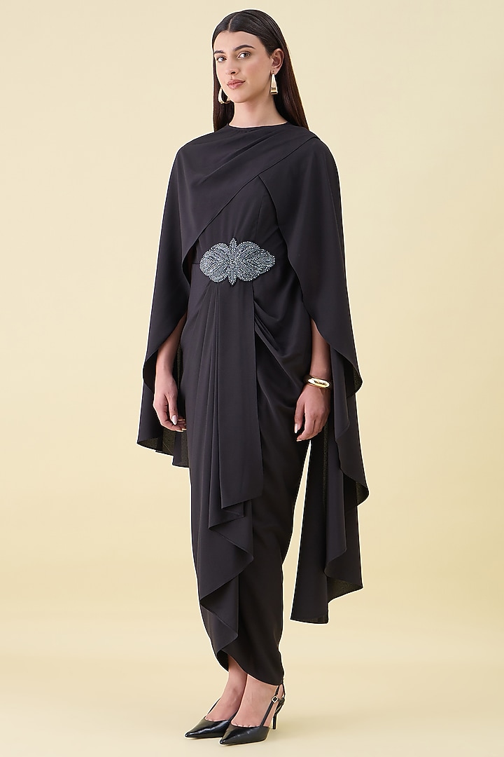Black Moss Crepe Draped Summer Dress With Cape by Aakaar at Pernia's Pop Up Shop