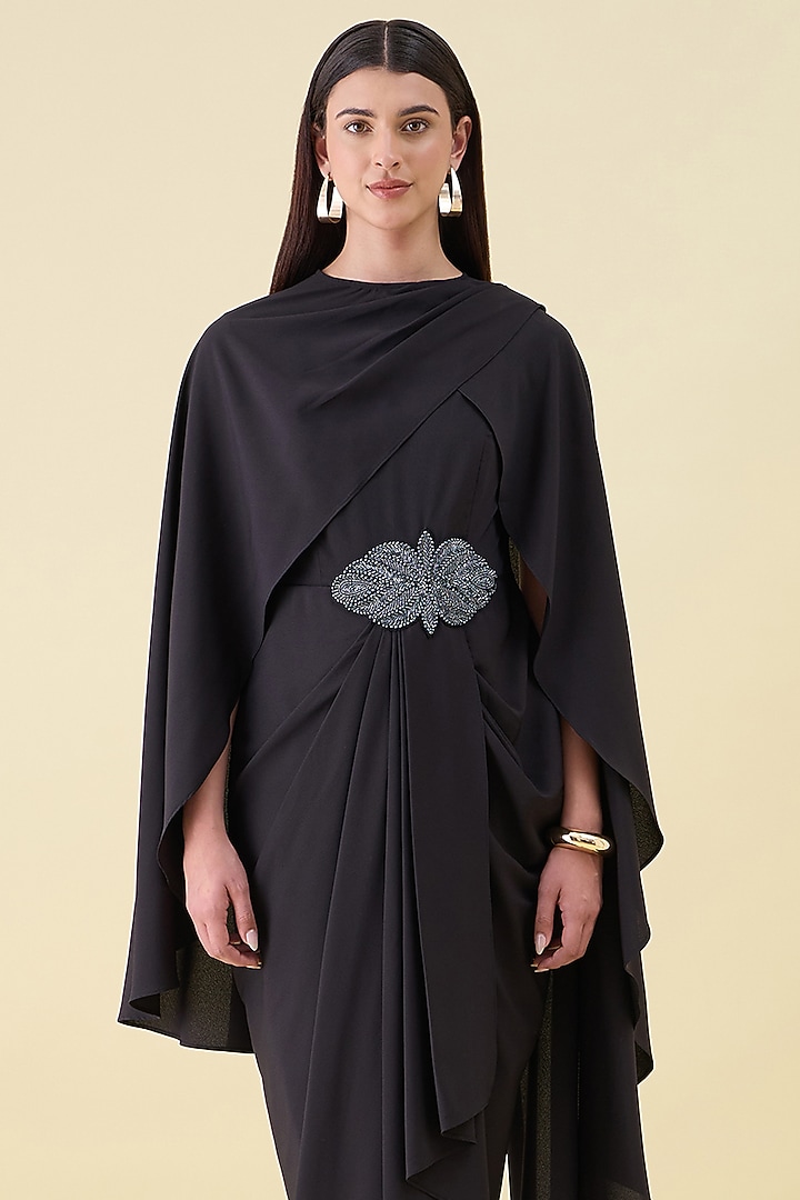 Black Moss Crepe Draped Summer Dress With Cape by Aakaar at Pernia's Pop Up Shop