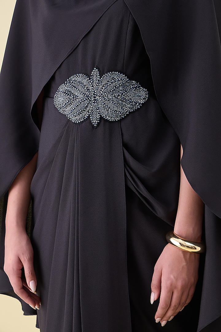 Black Moss Crepe Draped Summer Dress With Cape by Aakaar at Pernia's Pop Up Shop