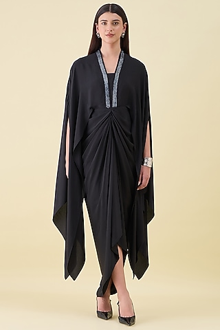 Black Silk Crepe Embellishment Draped Dress by Aakaar