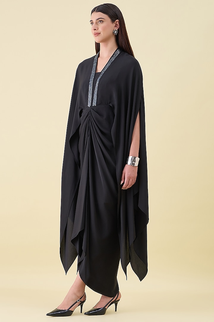 Black Silk Crepe Embellishment Draped Summer Dress by Aakaar at Pernia's Pop Up Shop