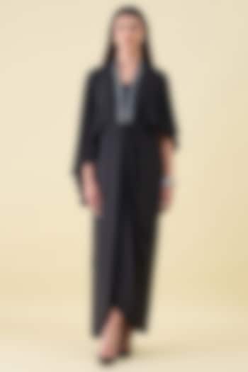 Black Silk Crepe Embellishment Cape Draped Summer Dress by Aakaar at Pernia's Pop Up Shop