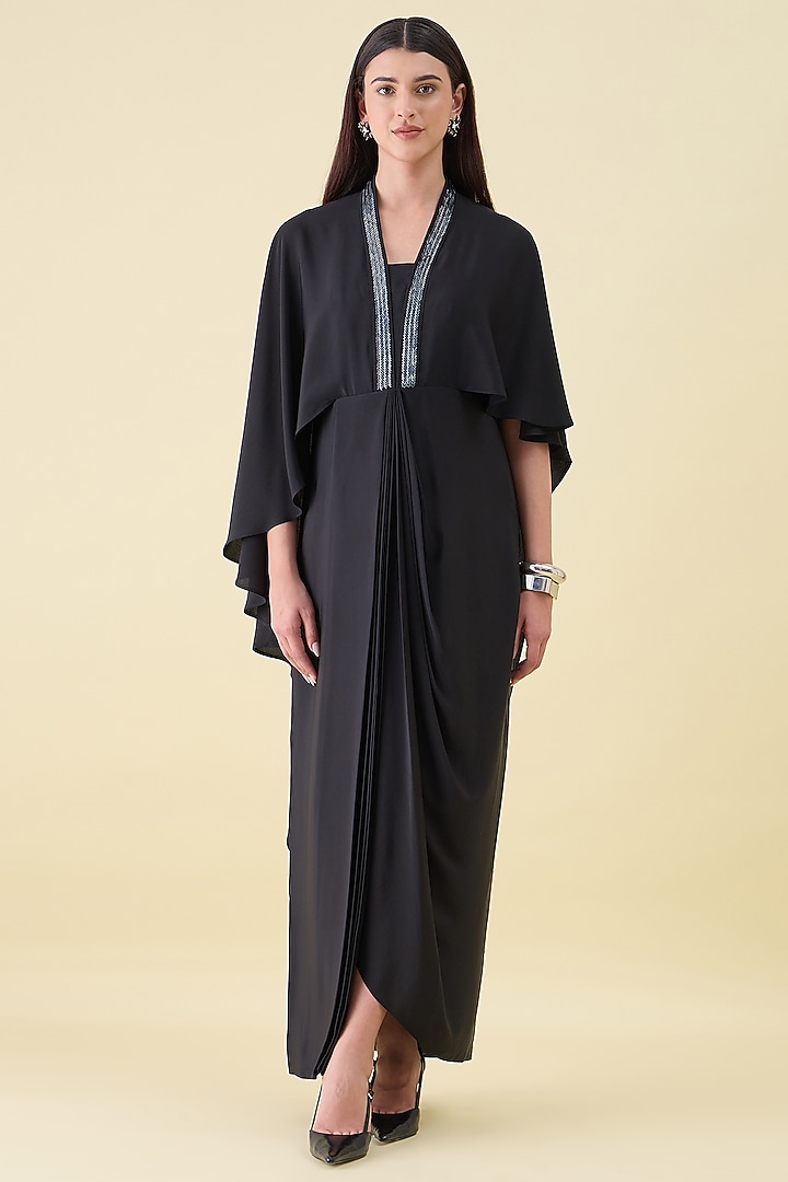 Black Silk Crepe Embellishment Cape Draped Summer Dress by Aakaar at Pernia's Pop Up Shop