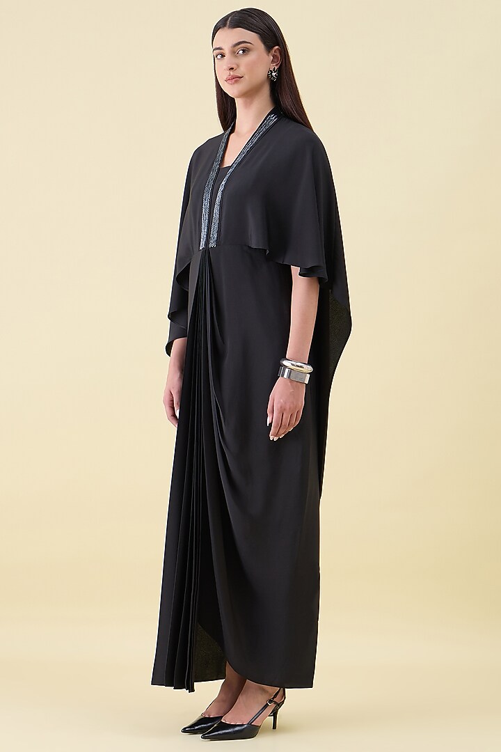 Black Silk Crepe Embellishment Cape Draped Summer Dress by Aakaar at Pernia's Pop Up Shop