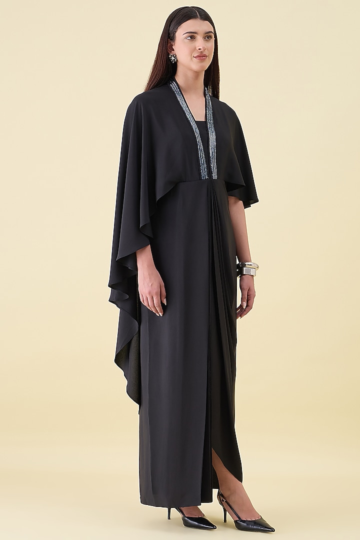 Black Silk Crepe Embellishment Cape Draped Summer Dress by Aakaar at Pernia's Pop Up Shop
