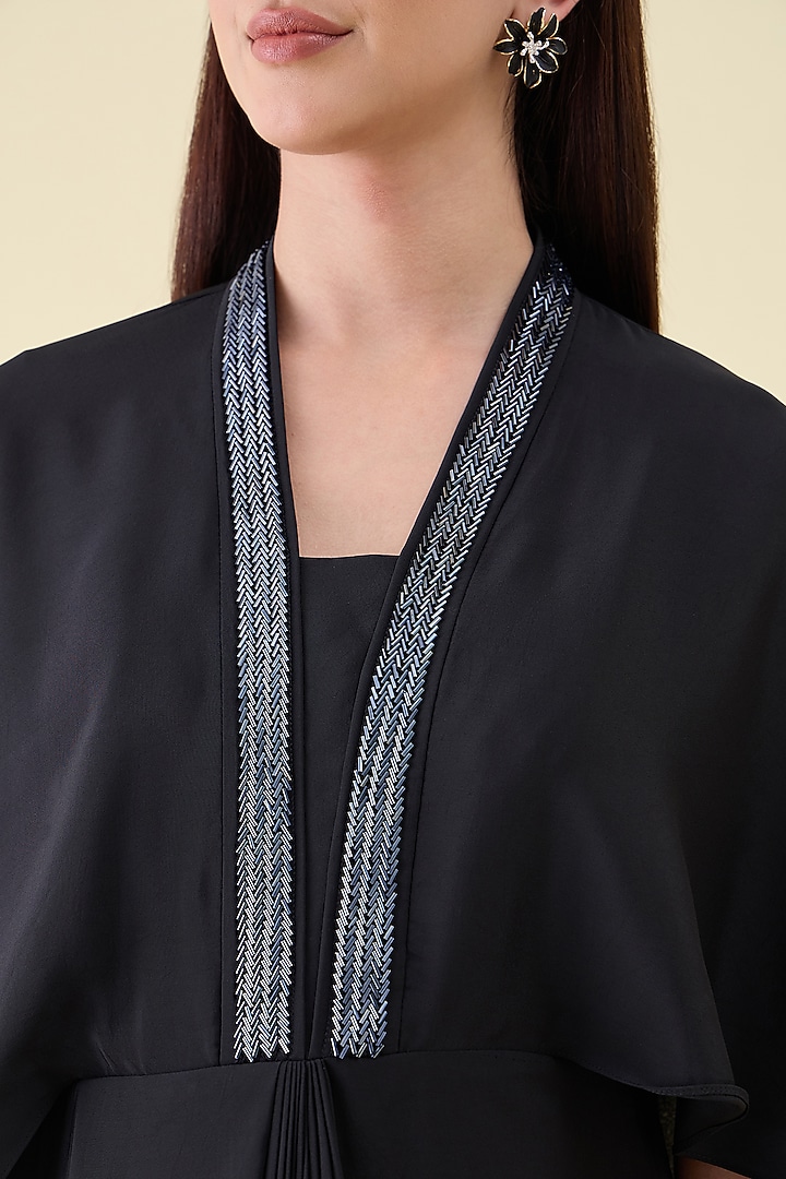 Black Silk Crepe Embellishment Cape Draped Summer Dress by Aakaar at Pernia's Pop Up Shop