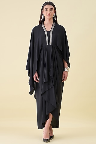 Black Silk Crepe Embellishment Asymmetrical Draped Dress by Aakaar