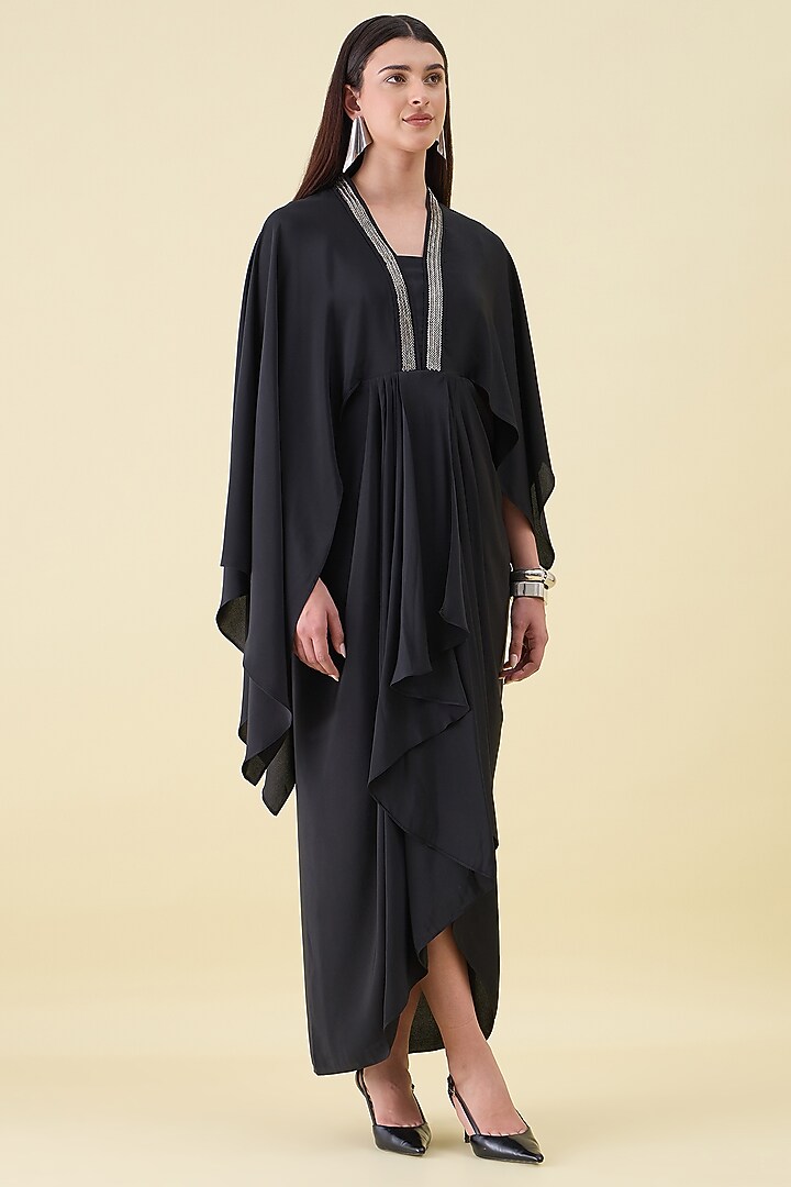 Black Silk Crepe Embellishment Asymmetrical Draped Summer Dress by Aakaar at Pernia's Pop Up Shop