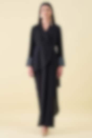 Navy Moss Crepe Embellished Blazer Set by Aakaar at Pernia's Pop Up Shop