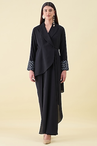Navy Moss Crepe Embellished Blazer Set by Aakaar