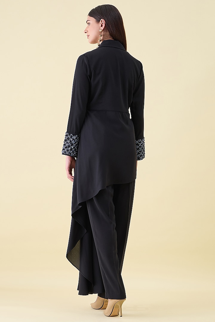 Navy Moss Crepe Embellished Blazer Set by Aakaar at Pernia's Pop Up Shop