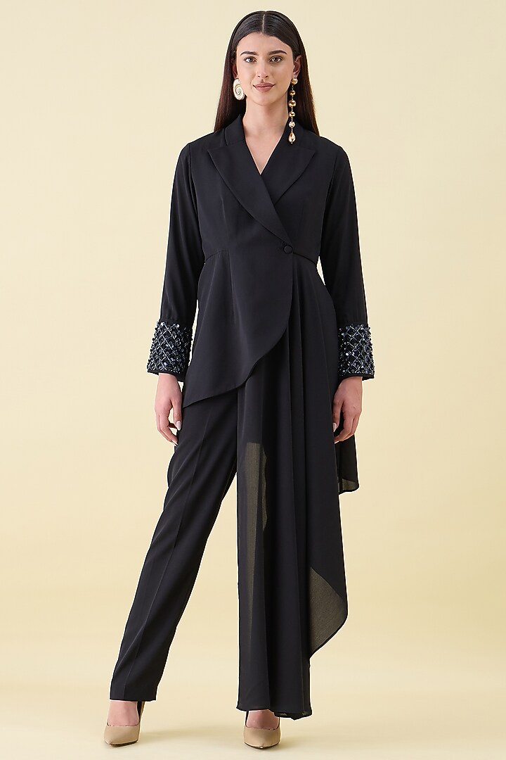 Navy Moss Crepe Embellished Blazer Set by Aakaar at Pernia's Pop Up Shop