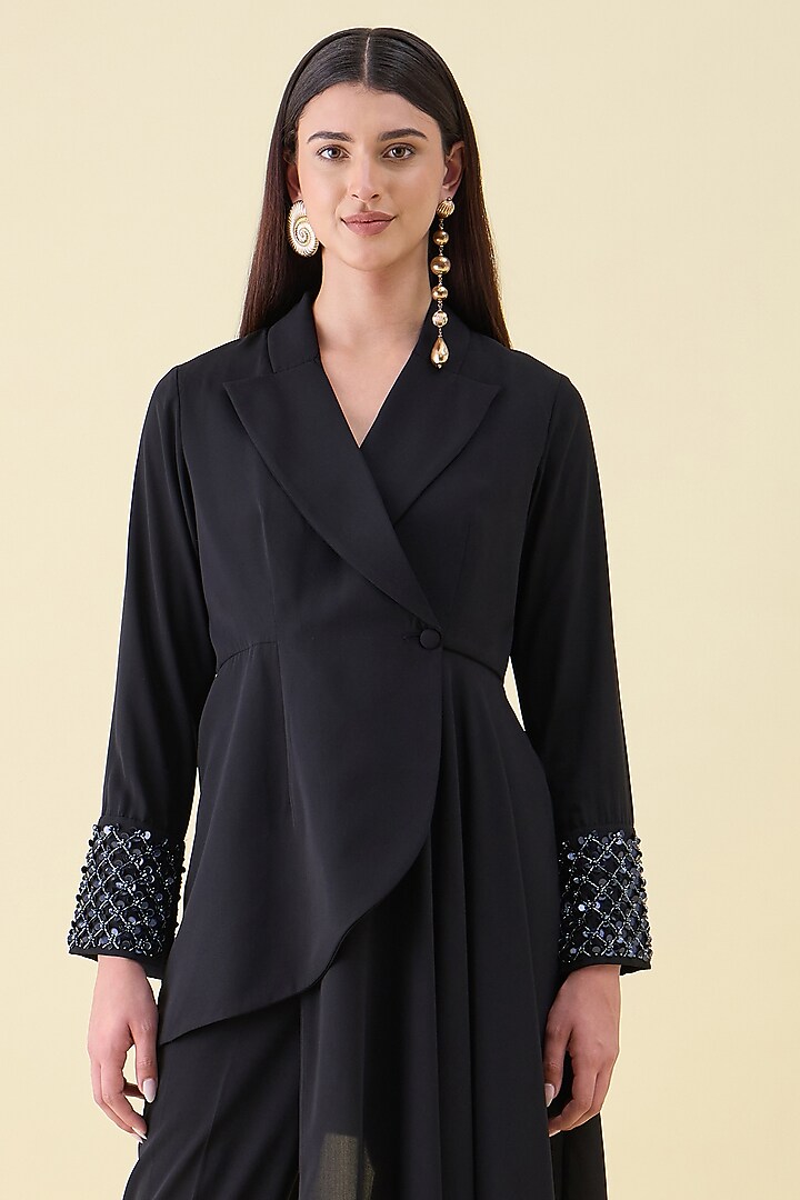 Navy Moss Crepe Embellished Blazer Set by Aakaar at Pernia's Pop Up Shop
