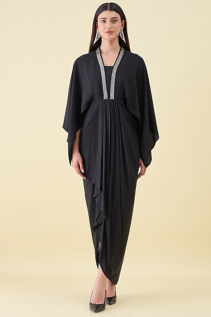 Black Silk Crepe Embellishment Draped Summer Dress by Aakaar at Pernia's Pop Up Shop