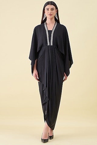 Black Silk Crepe Embellishment Draped Dress by Aakaar