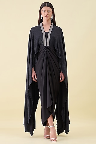 Black Moss Crepe Embellished Kaftan Set by Aakaar